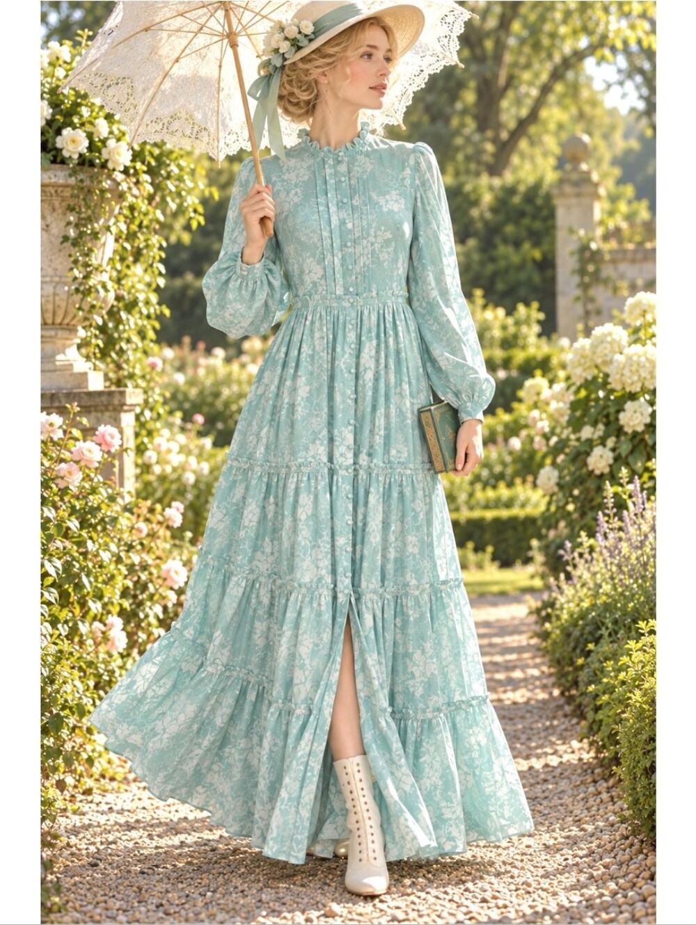 NWT A COLLECTIVE STORY Edwardian Style Maxi Dress in Teal Green Floral M